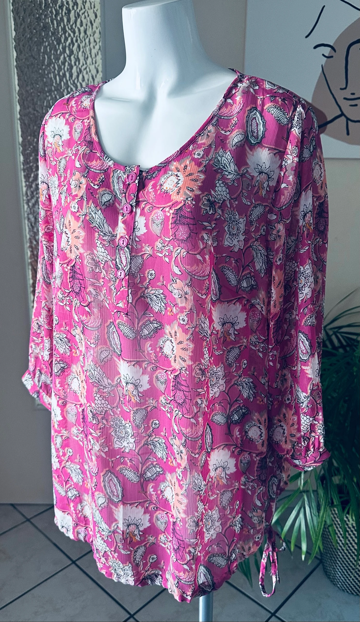 Pink Fuchsia Floral Blouse Damart Size 48 – Excellent Condition – Drawstring Tie – photo 12